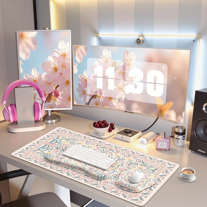 iCasso Desk Pad Mat, Large Mouse Pad and Keyboard Wrist Rest Set, Desk Protector Mat,4in1 Ergonomic Carpal Tunnel Keyboard Pad with Wrist Support for Desktop Cover Home Office Computer(Pink Flowers)