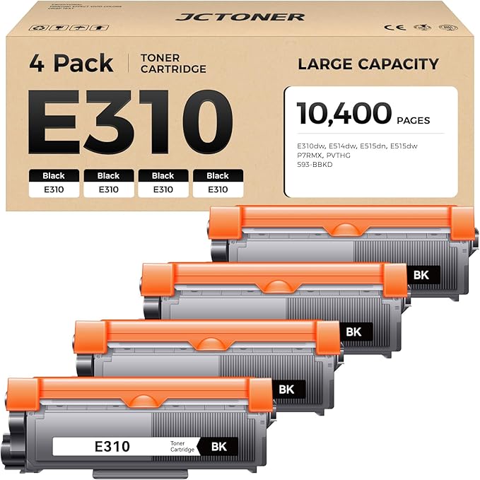 E310 Black Toner Cartridge 4-Pack Replacement for Dell E310 E310dw E514 E515 P7RMX PVTHG 593-BBKD Toner Compatible with Dell Wireless Monochrome E310dw E514dw E515dn E515dw Printer Ink All-in-One Copy