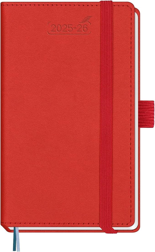 BEZEND Pocket Planner 2025-2026 Weekly and Monthly, 3.5" x 6" Academic Planner (Jul 25-Dec 26) 18-Month Mid-Year Calendar Book, Storage Pocket, Pen Holder, PU Leather Hardcover - Red