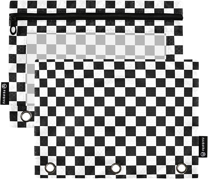 Black White Checkered Pattern Pencil Pouch for 3 Ring Binder, 2 Pack Waterproof Pencil Bags Clear Window Pencil Case Zipper School Office Supplies
