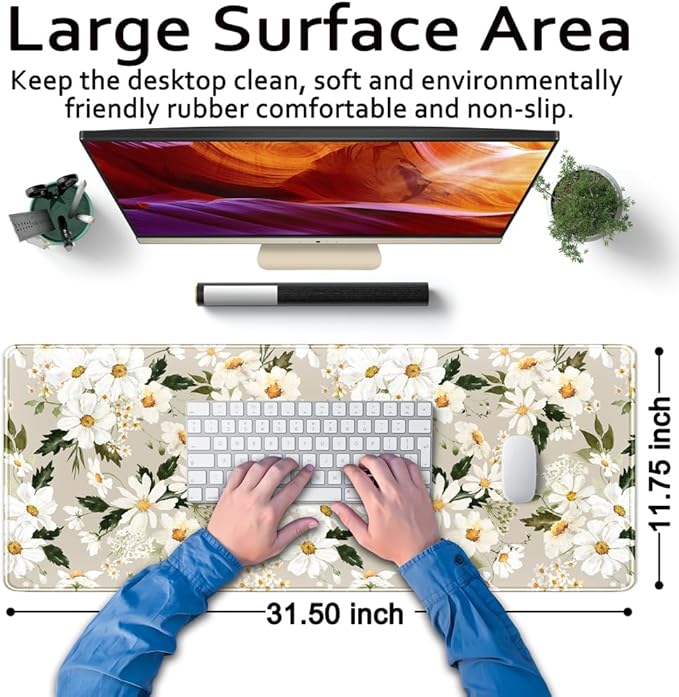Daisy Floral Daisies Large Mouse Pad Watercolor Flowers Desk Mat, Washable Mousepad LYC Cloth Stitched Edges Women Girls Gaming Mousepad Computer Pc Laptop Desk Mat 31.5 X 11.8 in