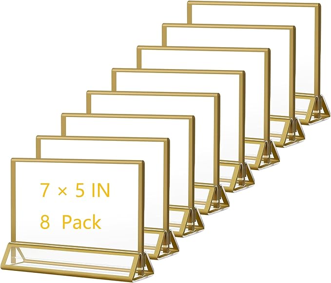 Acrylic Sign Holders Golden Border 8 Pack 7x5 Wedding Table Number Frames Double Sided Table Menu Stands with Horizontal Stand, Photos and Art Display