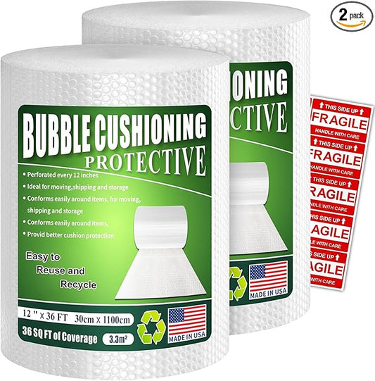 A&A Heavy-Duty Bubble Wrap Cushioning Roll – 2 Pack x12”x36’ Perforated Every 12”, Tear-Resistant Packing Wrap for Moving, Shipping & Storage Made in USA