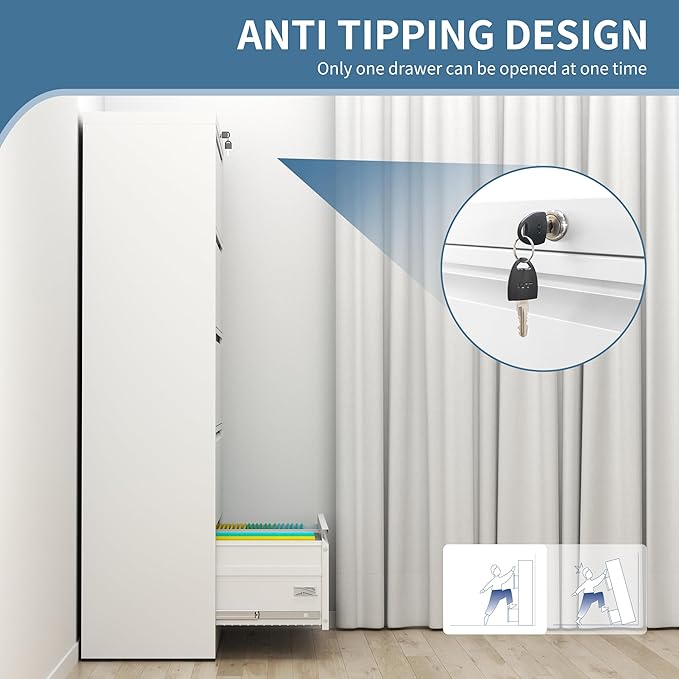 AQY 5 Drawer File Cabinet with Lock,Metal Lateral File Cabinets for Home Office,Steel Wide Filing Organization Storage Cabinets for Hanging Files Letter/Legal/F4/A4 Size,Assembly Required(White)