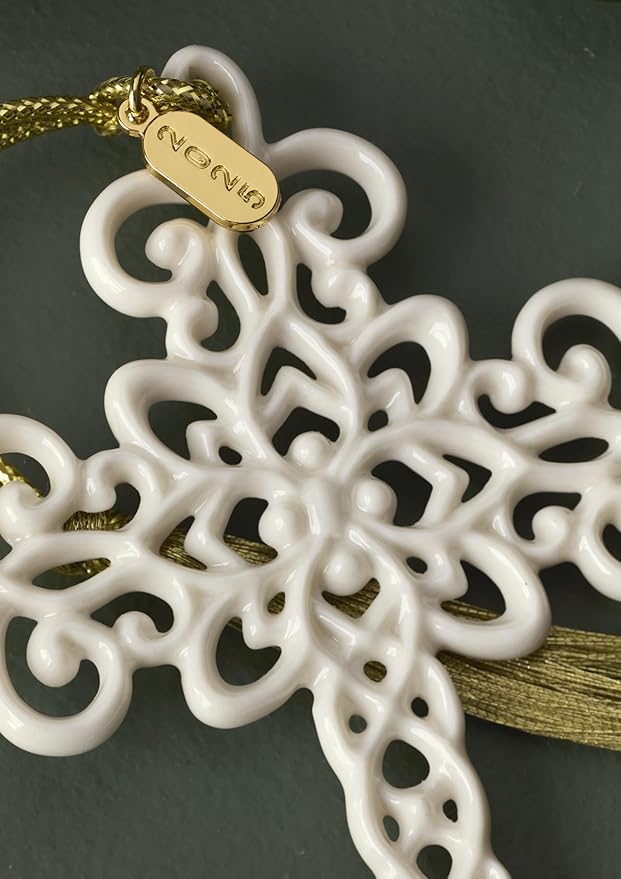 Lenox Ornament, 2025 Snow Fantasies Cross Ornament, Made from Porcelain with Gold Cord for Hanging, Christmas Tree Decorations, Winter Decorations, Christmas Decor, Cross Design (White, 1 Piece)