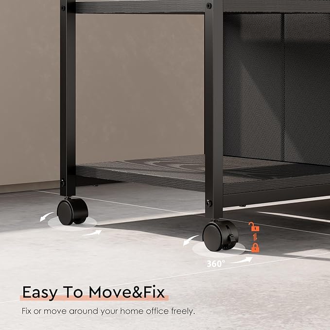 6 Drawer File Cabinet with Charging Station Rolling Printer Stand with Open Storage Shelf Fabric Lateral Filing Cabinet for Home Office,Black