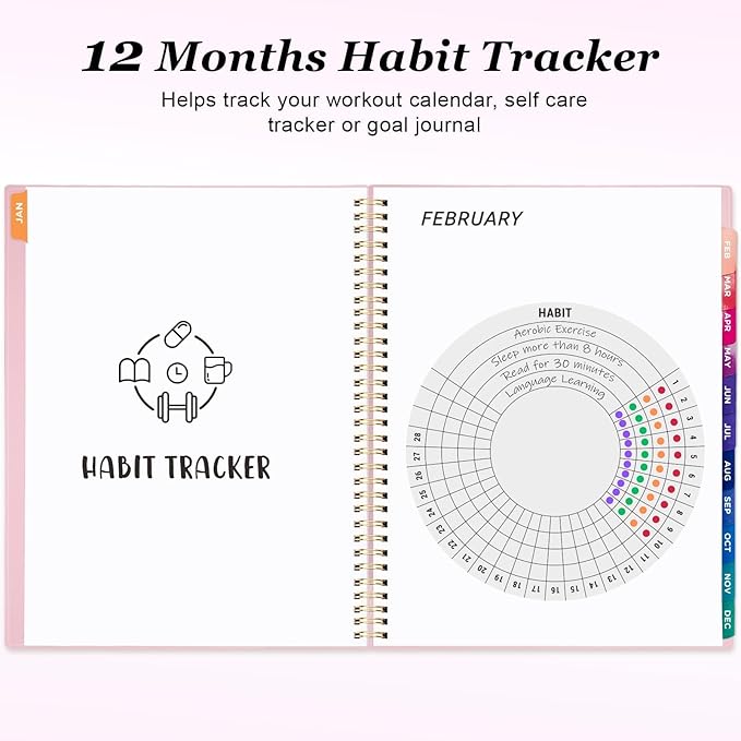 Oucaru 2026 Planner, Weekly and Monthly Planning Calendar, Jan 2026 - Dec 2026, 8.5" x 11", Spiral Bound, 12 Habit Trackers & Monthly Tabs, 2 Storage Pockets, Perfect for Office Home School Supplies