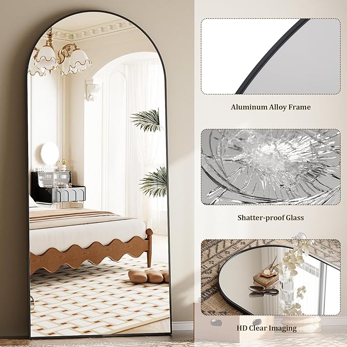 Oversized Full Body Mirror 35x78 inch Arched Full Length Mirror with Stand Aluminum Wall Mounted Hanging or Leaning Standing Mirrors,Black