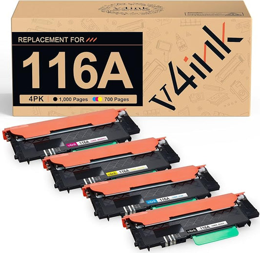 v4ink 116A Toner Cartridge 4 Pack Replacement for HP 116A W2060A W2061A W2062A W2063A use with HP Color Laser 150 150a 150nw MFP 178 178nw 178nwg 179 179fnw 179fwg Printer Ink (KCMY)