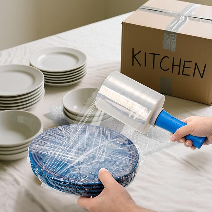 3 Pack 5" x 1000ft Clear Industrial Stretch Wrap Film, 100 Gauge Mini Plastic Wrap with Handle, Heavy Duty Stretch Film Roll, Thick Cling Pallet Wrap for Packing, Moving Supplies, Packaging