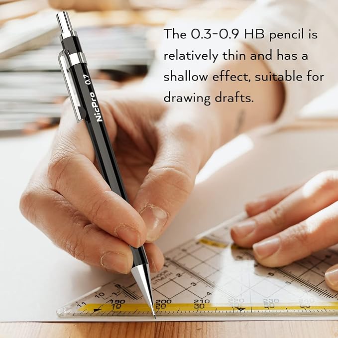 Nicpro 20PCS Black Metal Mechanical Pencil Set in Leather Case, 0.3, 0.5, 0.7, 0.9 mm & 2mm Lead Pencil Holders, (4B 2B HB 2H) Lead Refills (Black & Colors), Erasers For Art Drafting Sketching Drawing