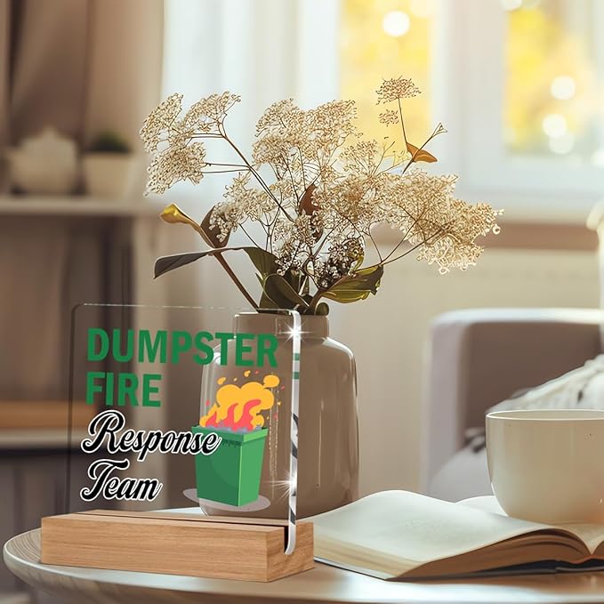 Dumpster Fire Desk Accessories, Funny Office Gifts for Women Men Coworkers, Employee Appreciation Gifts, Dumpster Fire Response Team Acrylic Plaque Desk Signs Decor 4 × 4 Inches