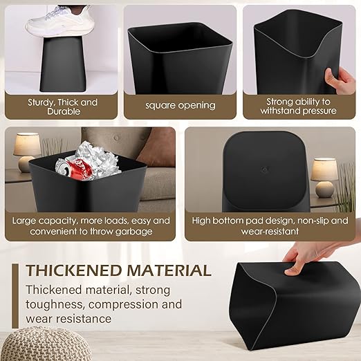 Hoolerry 9 Pieces Garbage Can 2 Gallon Small Trash Cans Bulk Bathroom Trash Bin Plastic Wastebasket Square for Bedroom Slim Bathroom Trashcan Small Container for Kitchen Office Home Rooms(Black)
