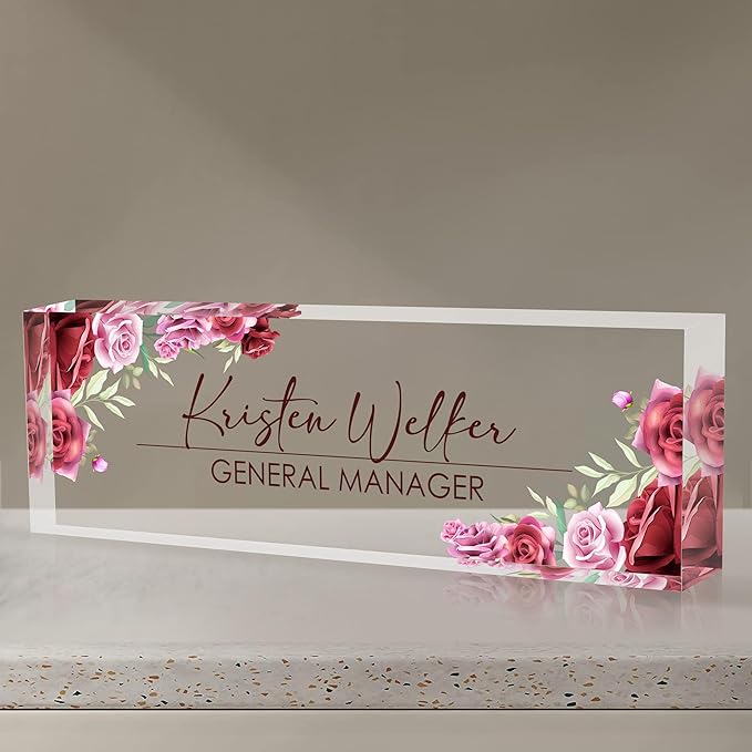Personalized Name Plate for Desk, Custom Desk Name Plate, Acrylic Name Plate Office Desk Accessories, Personalized Office Gifts for Coworkers Teachers, Employee Appreciation Gifts (A-Rose)