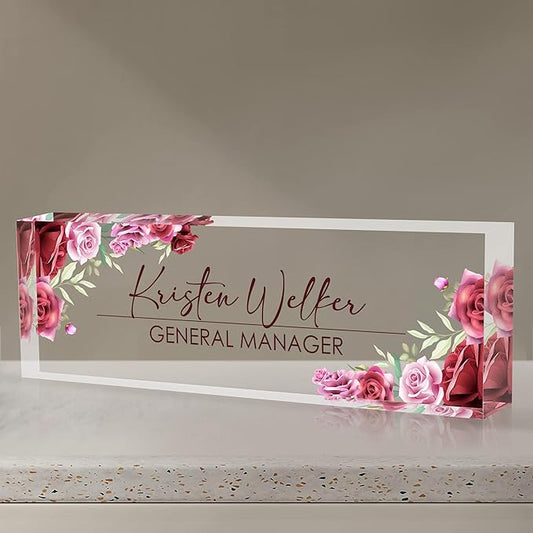 Personalized Name Plate for Desk, Custom Desk Name Plate, Acrylic Name Plate Office Desk Accessories, Personalized Office Gifts for Coworkers Teachers, Employee Appreciation Gifts (A-Rose)