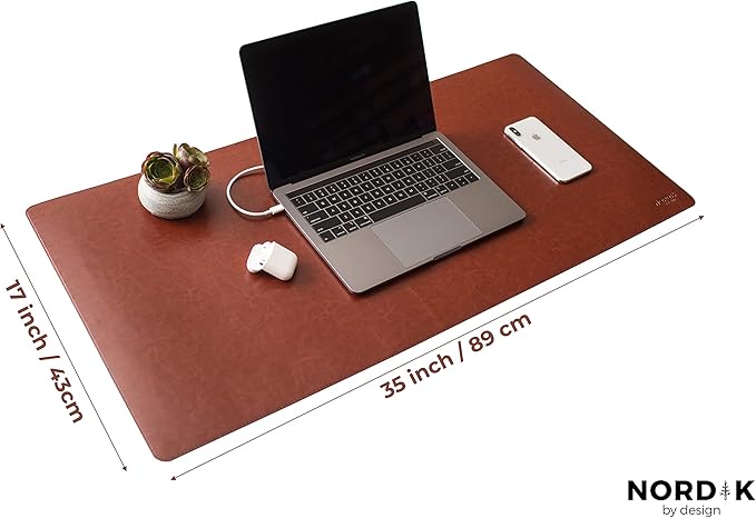 Nordik Leather Desk Mat - Whiskey Brown - Cable Organizer - Premium Mouse Mat & Desk Pad Protector - 35 X 17 Inch - Felt Vegan Leather - Large Office Mouse Pad & Blotter