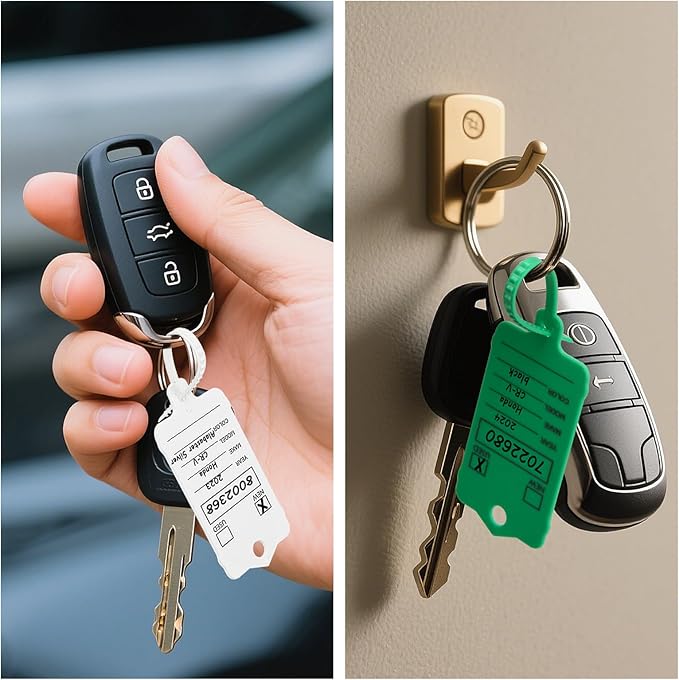 50 Car Key Tags with Labels Plastic Car Dealership Key Tags Self Locking Automotive Identifiers Blank Shop Labels with One Pen (Mixed Color)