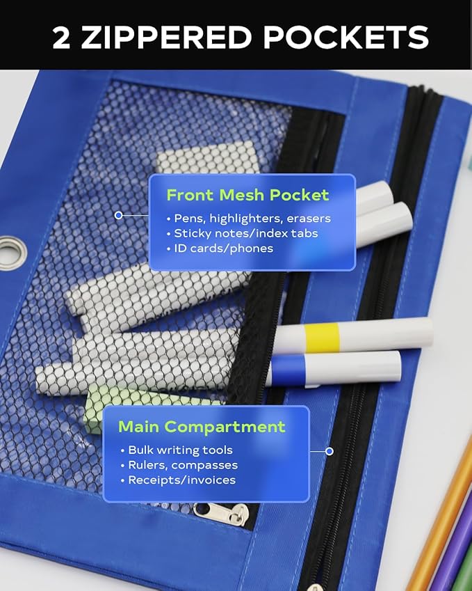 3 Ring Binder Pencil Pouch - School Pencil Case with 2 Zippered Pockets, Clear Mesh Window Pencil Bag, B5 Size, Back to School Gifts (Blue)