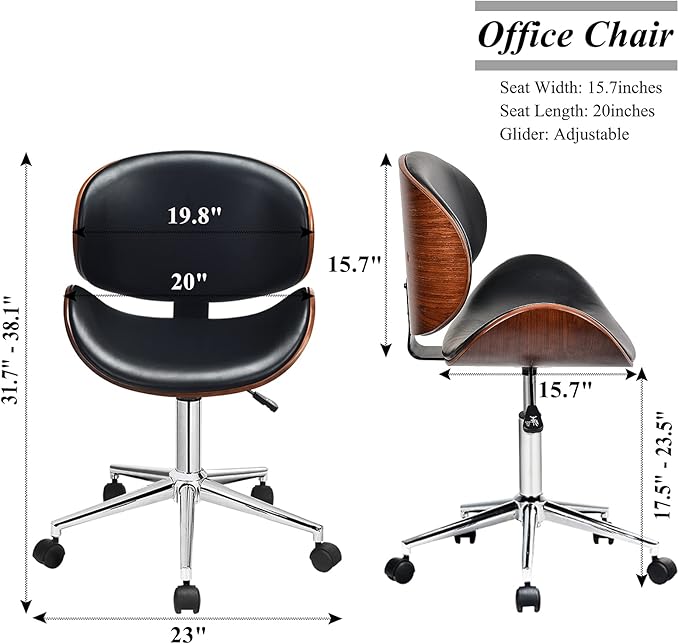 C-CHAIN Adjustable Modern Mid-Century Office Chair with Curved Seat/Back, Swivel Executive Chair, Rolling Computer Chair, Bent Wooden Accent Office Chair for Home and Office