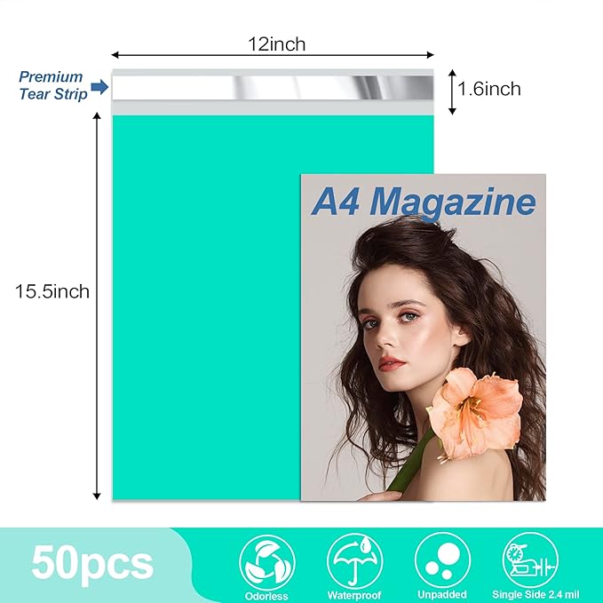 JinRuiKJ Thank You Poly Mailer 12x15.5 Inch 50 PCS, Shipping Bags for Clothing, Packaging Bags for Small Business, Strong Adhensive, Waterproof and Tear-Resistant Mailing Envelopes, Teal