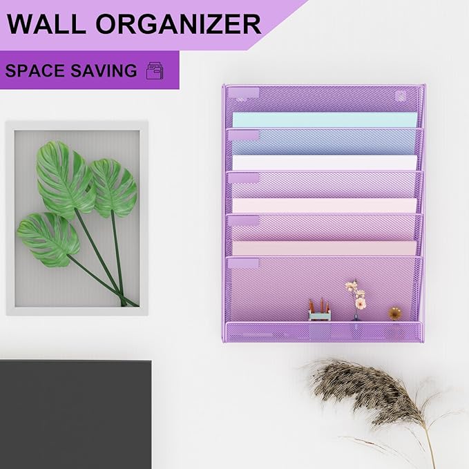 Wall File Organizer Holder Mesh Hanging Paper Document Holder, Vertical 6 Pocket Tier for Office Home, Light Purple