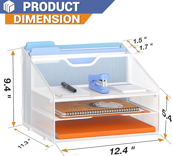 Letter Tray Organizer, Mesh Desk File Organizer with 3 Paper Trays and 2 Vertical Upright Section (White)