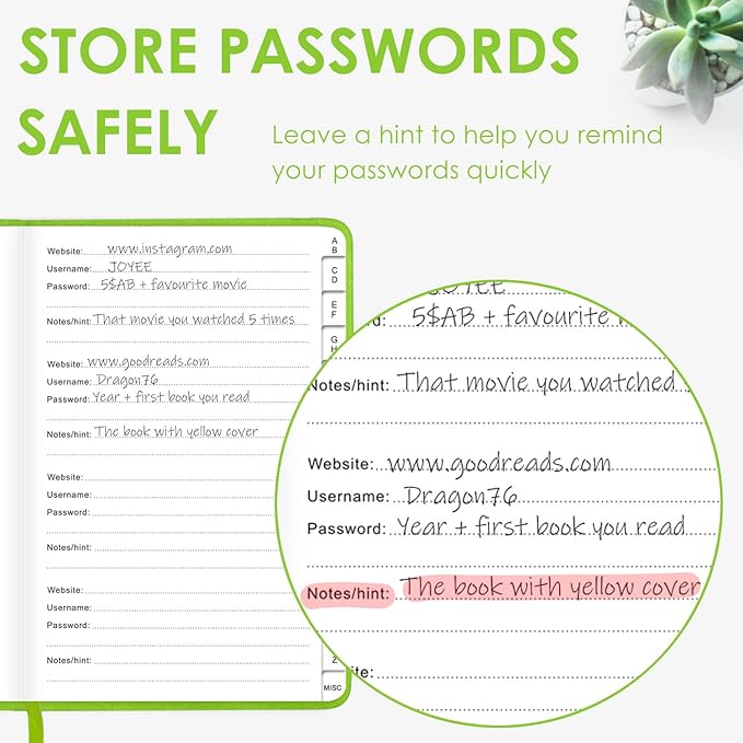 Elegant Password Book with Alphabetical Tabs - Hardcover Password Book for Internet Website Address Login - 5.2" x 7.6" Password Keeper and Organizer w/Notes Section & Back Pocket (Green)