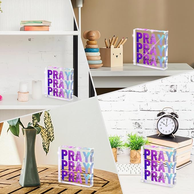 Inspirational Decor, Multicolor Dorm Room Decor for Women, Desk Decorations for Office, Ideal Christian Gifts for Women - Pray On It, Pray Through It - Bible Verse Desk Art, 4 x 4 inch