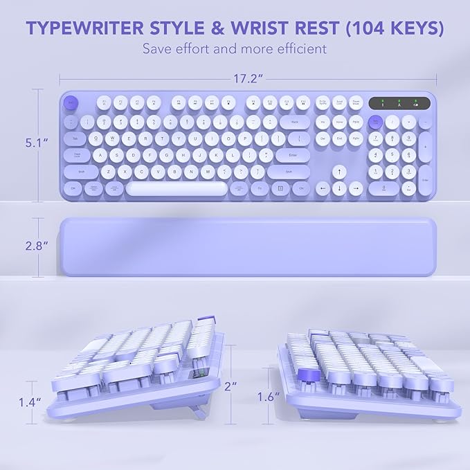 Wireless Keyboard, Round Keycaps, Retro Typewriter Keyboard with Detachable Wrist Rest, Sleep Mode, Foldable Legs, 2.4GHz Full-size Cordless Computer Keyboard for Windows/PC/Laptop (Colorful-Purple)