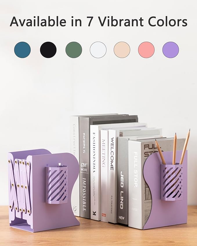 Kingsmile Book Ends, Adjustable Bookends for Shelves, Metal Bookends for Heavy Books, Book Stopper Organzier with Pen Holder for Desk, Kids Room, Office, Classroom, Library, Study Room.(Purple)