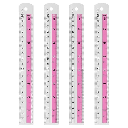 HARFINGTON 4pcs Metal Straight Ruler 20cm Metric SAE Aluminum Alloy Measuring Rulers Scale Tools with Hole for Measure Study Reading Classroom Office, Pink