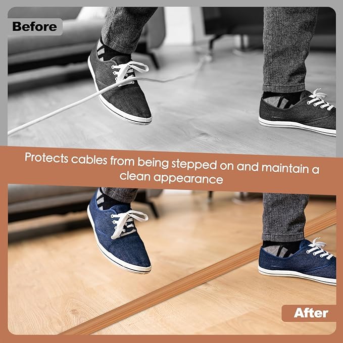 Floor Cord Cover for Wires on Floor Self Adhesive Cord Hider Floor Cable Management Wire Covers for Cords Protector Prevent Cable Trips Cord Cavity W 0.32" x H 0.32", Brown Wood, 3.3Ft