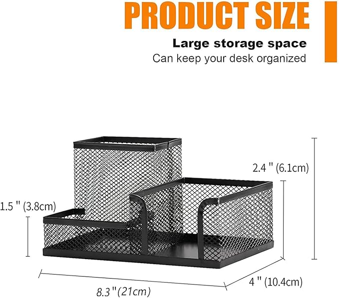 Moonlik Mesh Pen Holder Desk Organizer Set, Pencil Storage Holder with 3 Compartments, Office School Home Desktop Supplies, Desk Accessories for Paper Clip, Sticky Notes(2pack, Black)
