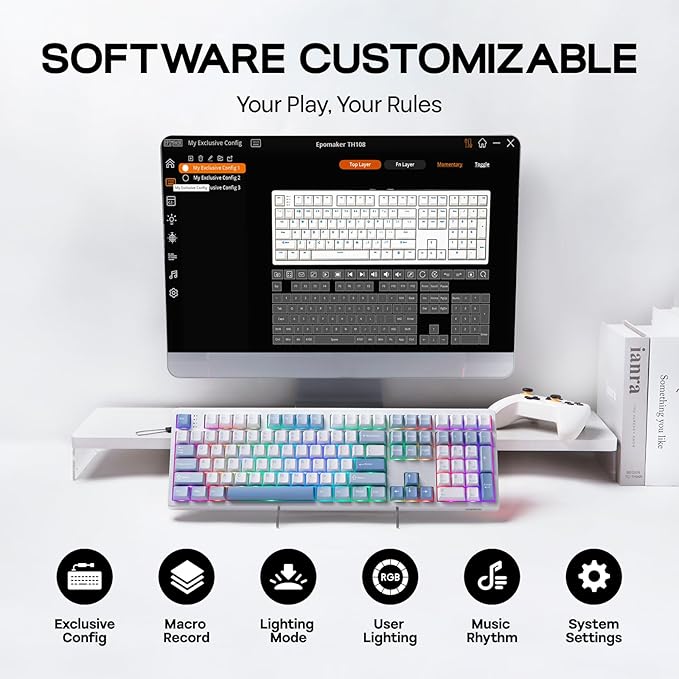 EPOMAKER TH108 Full Size Mechanical Keyboard, Wireless Gaming Keyboard with 8000mAh Battery, Creamy Gasket, 108 Keys, Hot Swap, Custom Driver, RGB Backlight (Blue&White, Sea Salt Silent)