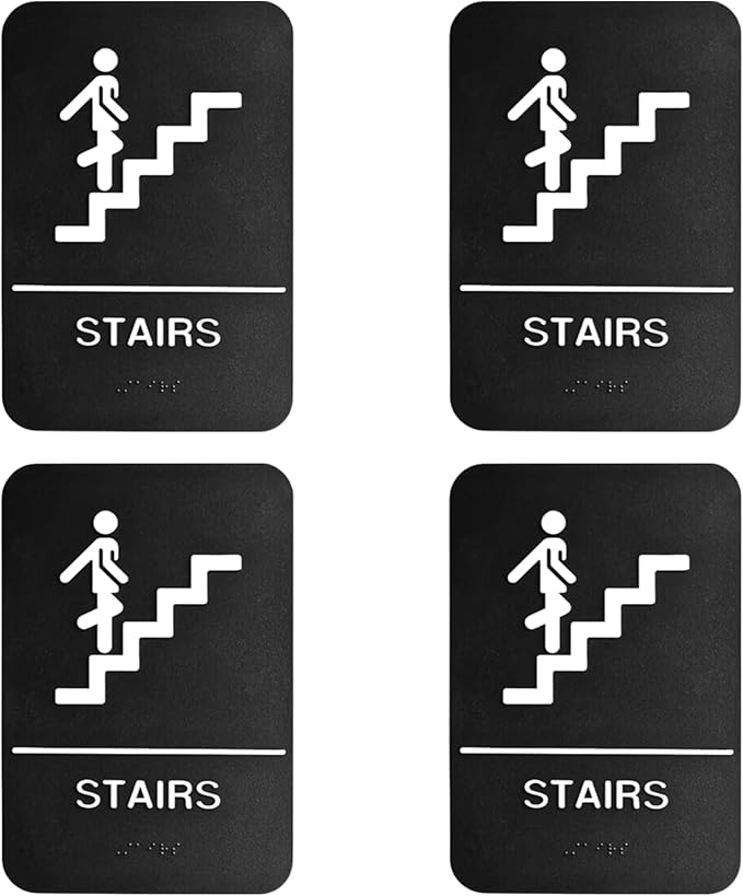 ADA Stairs Sign with Braille with Adhesive Back - Durable and Wipe Clean Plastic - 9"X6" - Black and White - Business Restaurant Signage for Indicating Stairs - ADA Compliant - 4 PK