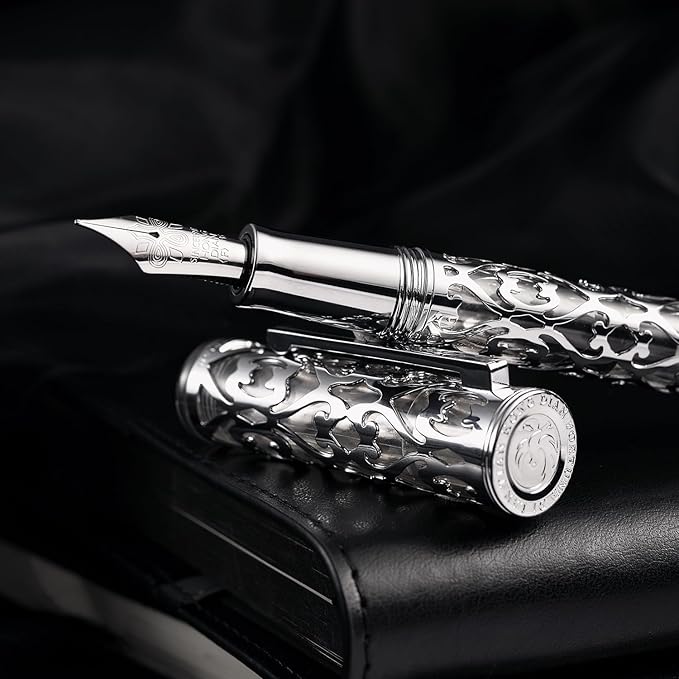 Hongdian D1 Piston Fountain Pen Extra Fine Nib, Hollow Skeleton & Resin Pen with Metal Case Set (Silver)
