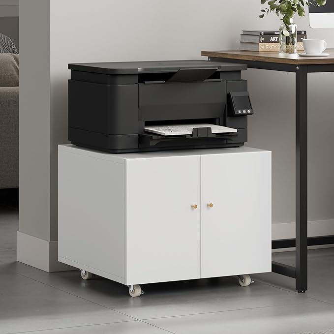 Warmiehomy Metal Printer Stand with Storage Mobile Printer Tables for Small Spaces with Door Adjustable Shelf White File Cabinet on Wheels for Home Office