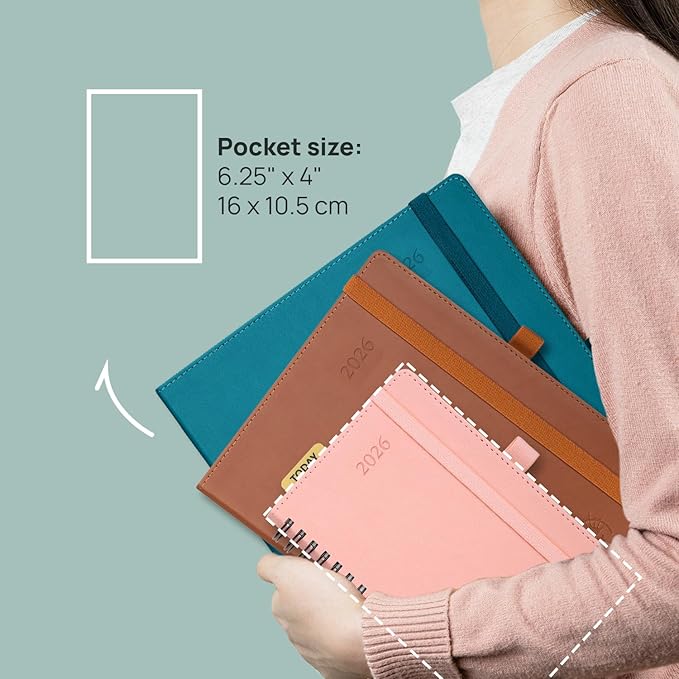 POPRUN Monthly Planner 2025-2026 Pocket Size (4" x 6.25") 18 Months Calendar (Jul 2025 - Dec 2026) - 4 Pages per Month with Monthly Expense & Notes, Sunday Start, Leather Cover - Burgundy