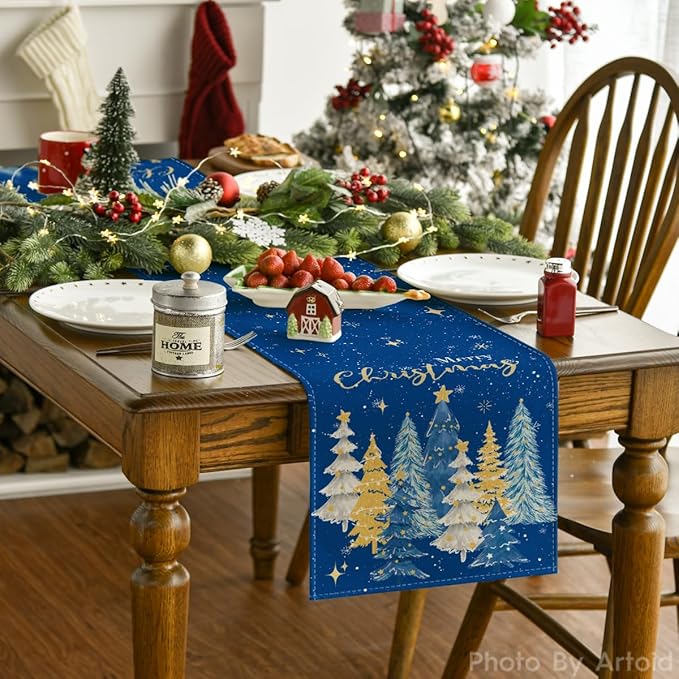 Artoid Mode Xmas Trees Merry Christmas Table Runner, Seasonal Winter Blue Kitchen Dining Table Decoration for Home Party Decor 13x72 Inch