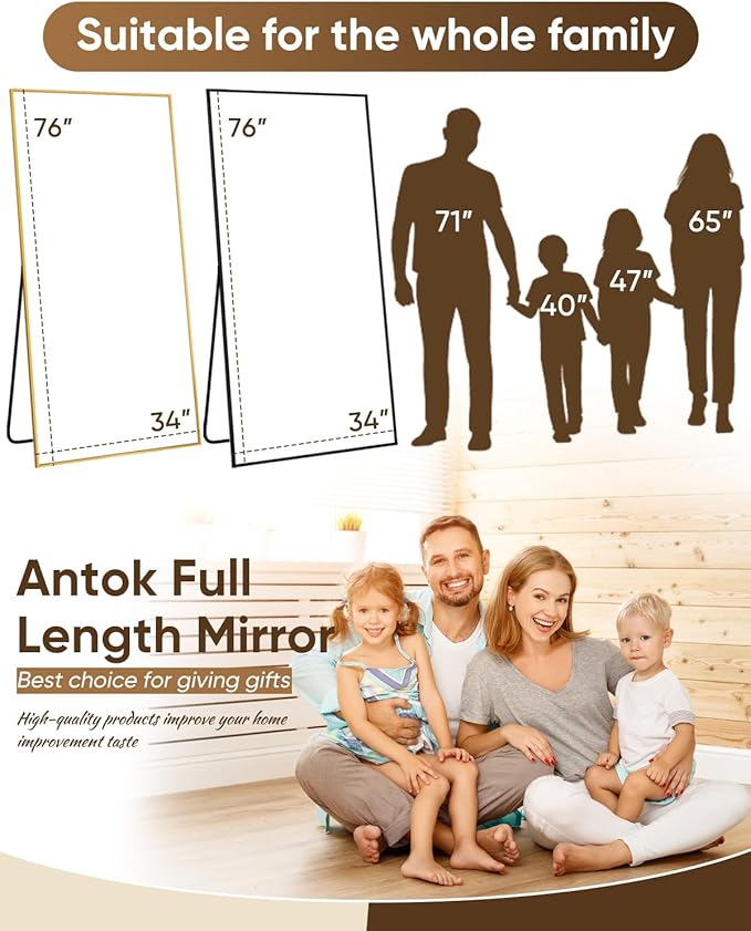 Antok Full Length Mirror, 76"x34" Floor Mirror, Floor Standing Freestanding Full Body Mirror with Stand for Bedroom, Hanging Mounted for Living Room Cloakroom, Gold