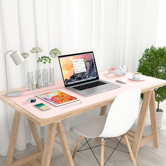 Hsurbtra Desk Pad, 35.5" x 17" PU Leather Desk Mat, XXL Extended Mouse Pad, Waterproof Desktop Blotter Protector, Non-Slip Ultra Thin Large Laptop Keyboard Writing Mat for Office Home, Pink