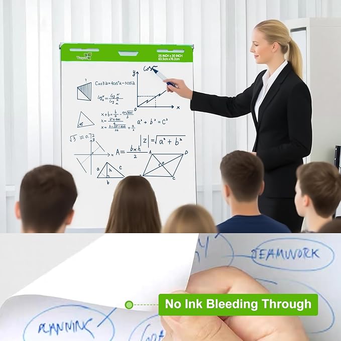 Sticky Easel Pad 25 in x 30 in, 35 Sheets/Pad, 4 Pads/Pack, 140 Sheets， Large White Sticky Easel Paper for Office and Classrooms, Flip Chart Paper for Teachers，Super Sticking Power & Bleed-Resistant