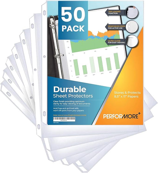 Performore 50-Pack Clear Sheet Protectors | 8.5 x 11 Inch Heavy Duty Plastic Sleeves | Top Loading Reinforced Hole Page Protectors | Archival Acid-Free Non-Glare for 3 Ring Binders Documents Photos