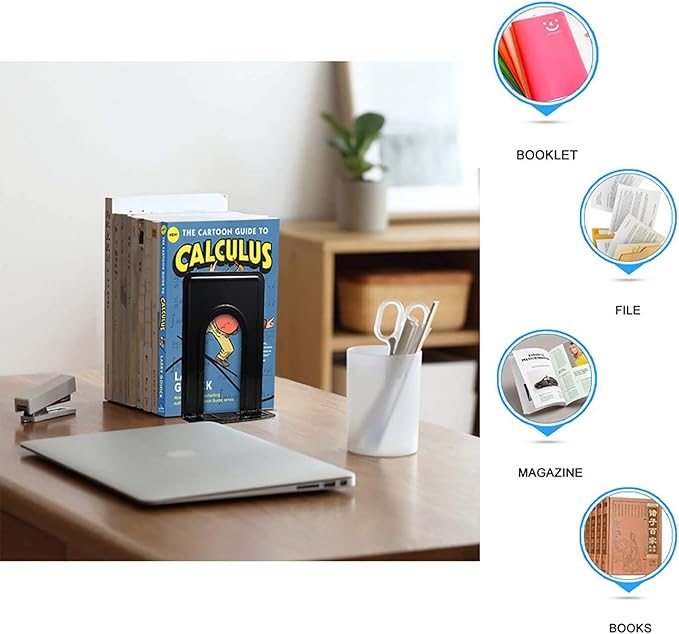 Metal Book Ends for Shelves, Book Shelf Holder Home Decorative, Book Ends for Heavy Books/Movies/CDs, Black 6.5 x 5 x 5.7 in, 4 Pair/ 8 Piece