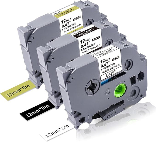 3-Pk 12mm TZ Labels Tape Compatible with Brother Ptouch TZe-231 335 831 Label Maker Tape 12mm 0.47" Laminated White/Black/Gold, Work for Brother Ptouch Label Maker PTD200 PTD400 PT1280 PT1880