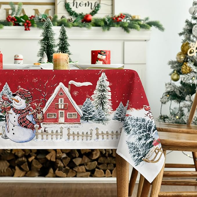 Horaldaily Christmas Tablecloth 60×104 Inch, Winter Snowman House Christmas Trees Red Washable Table Cover for Party Picnic Dinner Decor