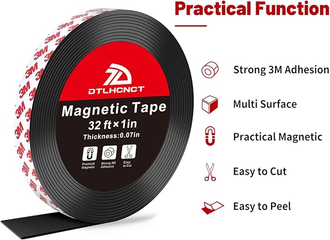 Magnetic Tape - 32 ft x 1 inch Magnet Strip Tape Roll with Strong Adhesive Backing for Kitchen, Office, School Organization, Whiteboards,Fridge(0.07" Thick) 2 Pack