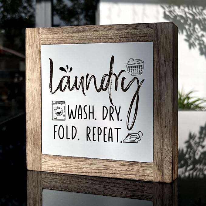 Laundry Room Decor, Laundry Steps Sign, Wash Dry Fold Repeat Sign, Wooden Box Signs for Home Decor, Farmhouse Wood Plaque Sign, Laundry Room Shelf Decoration, Country Style Wood Block Laundry Sign