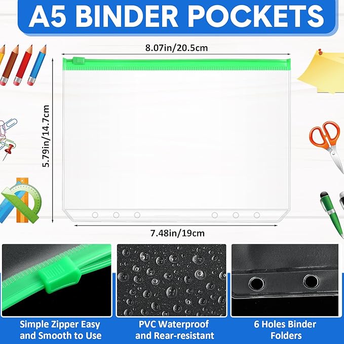 40 Pieces 6 Ring Binder Zipper Pouch, 6 Hole Binder Pockets with Zipper Bulk Binder Folders Plastic Binder Pouch Loose Leaf Bags Waterproof PVC Document Filing Bag(Colorful, A5)