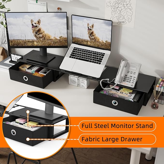 WESTREE Monitor Stand Riser with Adjustable Laptop Stand Riser, Steel Frame Dual Monitor Stand with Two Drawers for 2 Monitors, Desktop Oraganizer Stand for Computer,Laptop,Screen